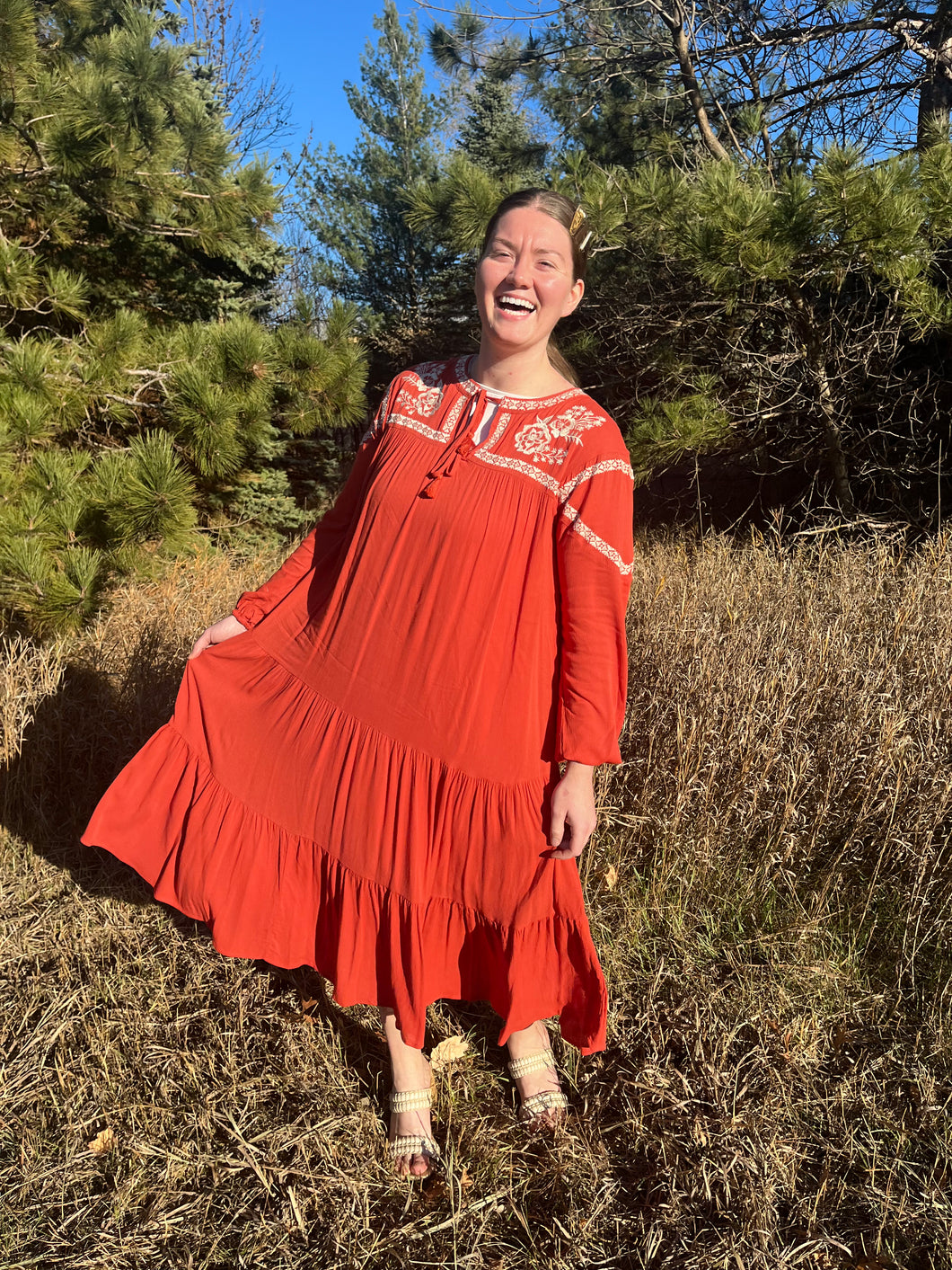 Pumpkin Spice Rust Embroidered Tiered Maxi Dress