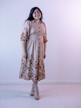 Vintage Pastel Pleated Floral Shirt Dress