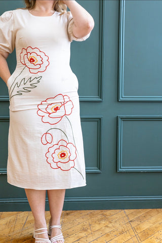 Beige Floral Embroidered Midi Dress