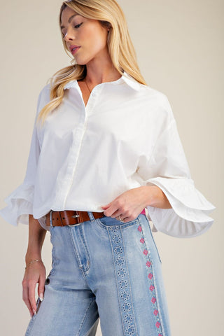 Crisp White Collared Top with Flutter Cuffed Sleeve