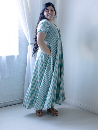 Teal Gingham Smocked Maxi Dress