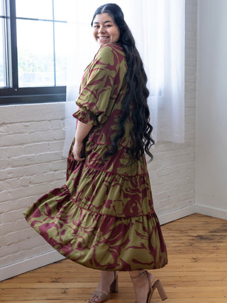 Burgundy and Olive Satin Maxi Dress