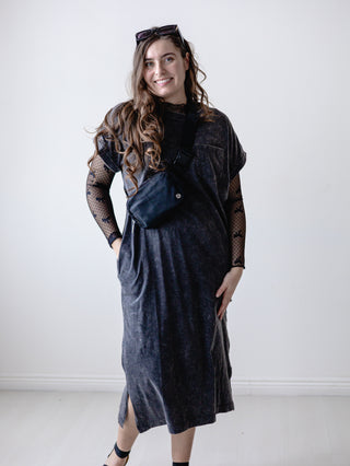 Black Acid Wash Short Sleeve T-Shirt Dress