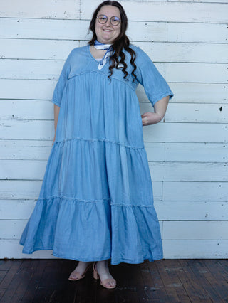 Washed Denim Tiered Fringe Dress Wild & Free Boutiques Washed Denim Tiered Fringe Dress Wild & Free Boutiques