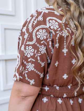 Mocha Embroidered Pleated Midi Dress