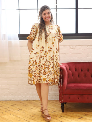 Falling Leaves Cream Midi Dress