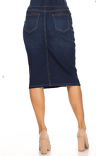 Load image into Gallery viewer, Dark Indigo Wash Button Down Denim Skirt with Elastic Waist
