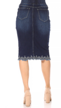 Load image into Gallery viewer, Dark Wash Vintage Embroidered Denim Skirt with Elastic Waist
