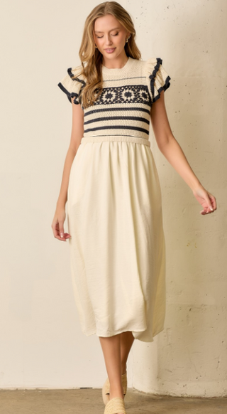 Berry Picking Navy and Cream Crochet Midi Dress