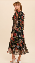 Load image into Gallery viewer, Black Floral Cut Out Chiffon Midi Dress
