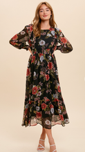 Load image into Gallery viewer, Black Floral Cut Out Chiffon Midi Dress
