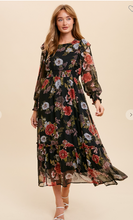 Load image into Gallery viewer, Black Floral Cut Out Chiffon Midi Dress
