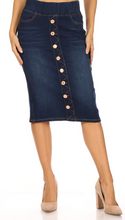 Load image into Gallery viewer, Dark Indigo Wash Button Down Denim Skirt with Elastic Waist
