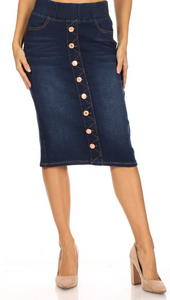 Dark Indigo Wash Button Down Denim Skirt with Elastic Waist