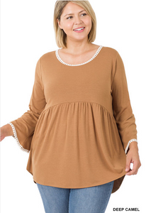 Caramel Empire Waist Pom Plus Top