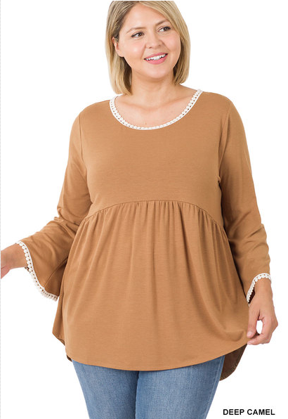 Caramel Empire Waist Pom Plus Top