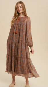 Autumn Days Vintage Floral Piping Midi Dress