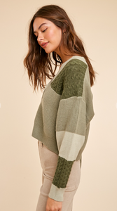 Sage Green Colorblock Patchwork Sweater
