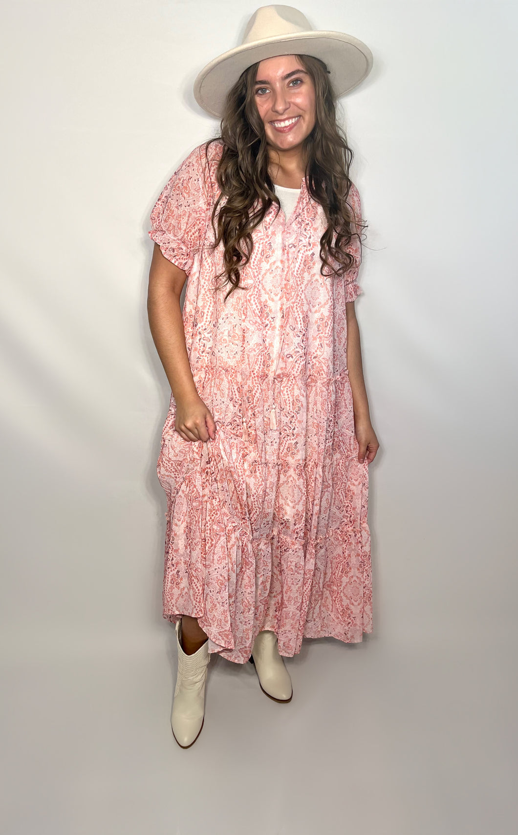 Fuschia Pink Tiered Paisley Print Maxi Dress