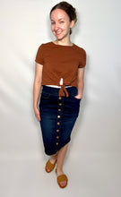 Load image into Gallery viewer, Dark Indigo Wash Button Down Denim Skirt with Elastic Waist
