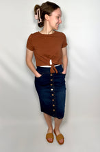 Load image into Gallery viewer, Dark Indigo Wash Button Down Denim Skirt with Elastic Waist
