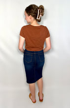 Load image into Gallery viewer, Dark Indigo Wash Button Down Denim Skirt with Elastic Waist
