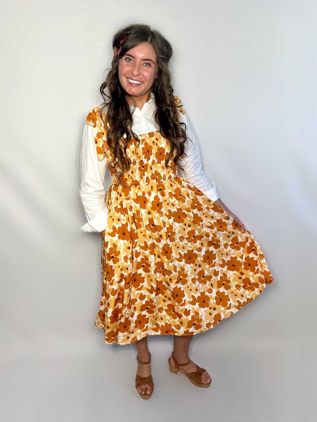 Orange Floral Sunburst Midi Jumper Dress