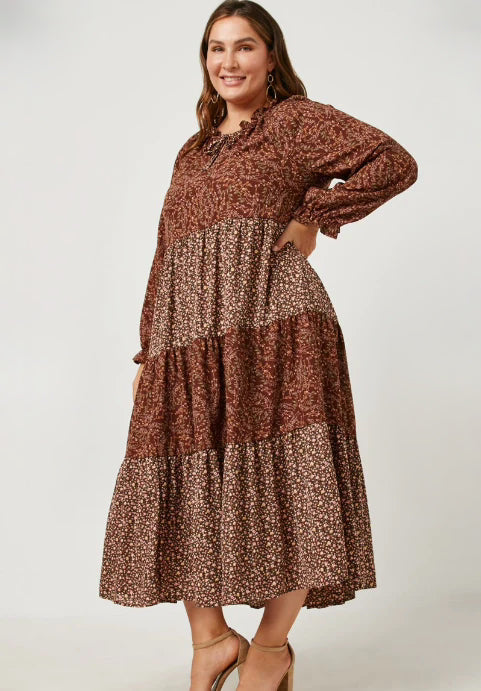Brown Floral Asymmetrical Stripe Plus Maxi Dress