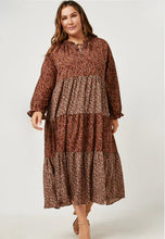 Load image into Gallery viewer, Brown Floral Asymmetrical Stripe Plus Maxi Dress
