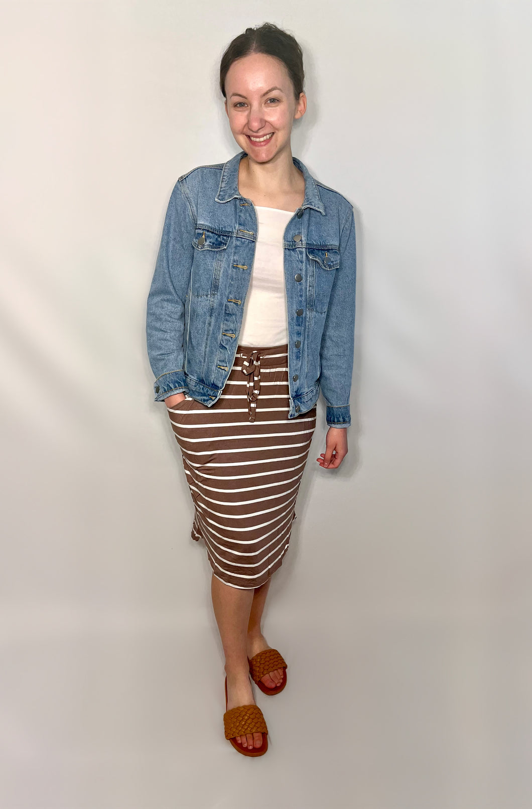 Mocha Brown and Ivory Striped Knit Skirt with Pockets