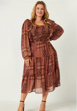 Load image into Gallery viewer, Patch Print Ruffle Midi Plus Dress
