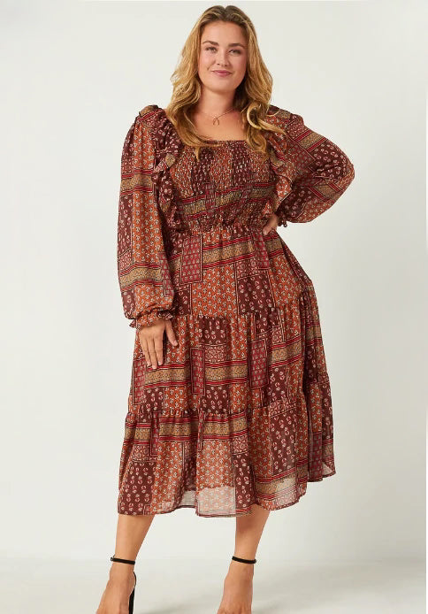 Patch Print Ruffle Midi Plus Dress
