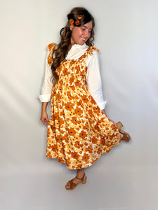 Orange Floral Sunburst Midi Jumper Dress