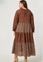 Load image into Gallery viewer, Brown Floral Asymmetrical Stripe Plus Maxi Dress
