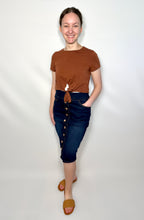 Load image into Gallery viewer, Dark Indigo Wash Button Down Denim Skirt with Elastic Waist
