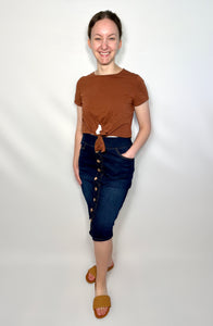 Dark Indigo Wash Button Down Denim Skirt with Elastic Waist