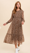 Load image into Gallery viewer, Brown Leopard Chiffon Ruffle Midi Dress
