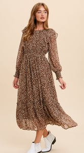Brown Leopard Chiffon Ruffle Midi Dress