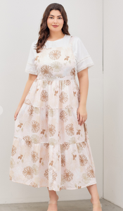 Blush and Brown Floral Overall Plus Size Maxi Jumper Dress