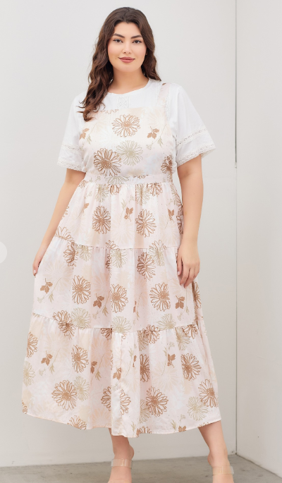 Blush and Brown Floral Overall Plus Size Maxi Jumper Dress