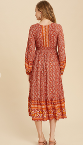 Rust Floral Wildflower Midi Dress
