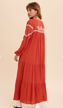 Load image into Gallery viewer, Pumpkin Spice Rust Embroidered Tiered Maxi Dress
