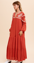 Load image into Gallery viewer, Pumpkin Spice Rust Embroidered Tiered Maxi Dress
