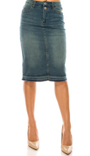 Load image into Gallery viewer, The Sarah Medium Wash Double Button Midi Denim Skirt

