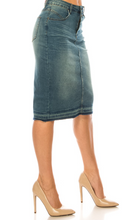 Load image into Gallery viewer, The Sarah Medium Wash Double Button Midi Denim Skirt

