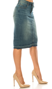 The Sarah Medium Wash Double Button Midi Denim Skirt