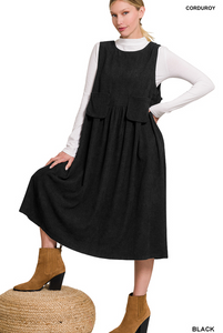 Black Corduroy Jumper Dress with Pockets