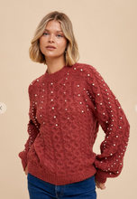 Load image into Gallery viewer, Burnt Sienna Pearl Detail Cable Knit Sweater
