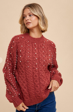 Load image into Gallery viewer, Burnt Sienna Pearl Detail Cable Knit Sweater

