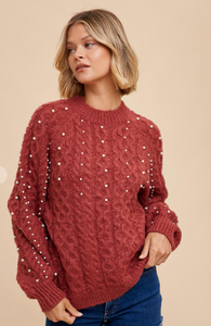 Burnt Sienna Pearl Detail Cable Knit Sweater